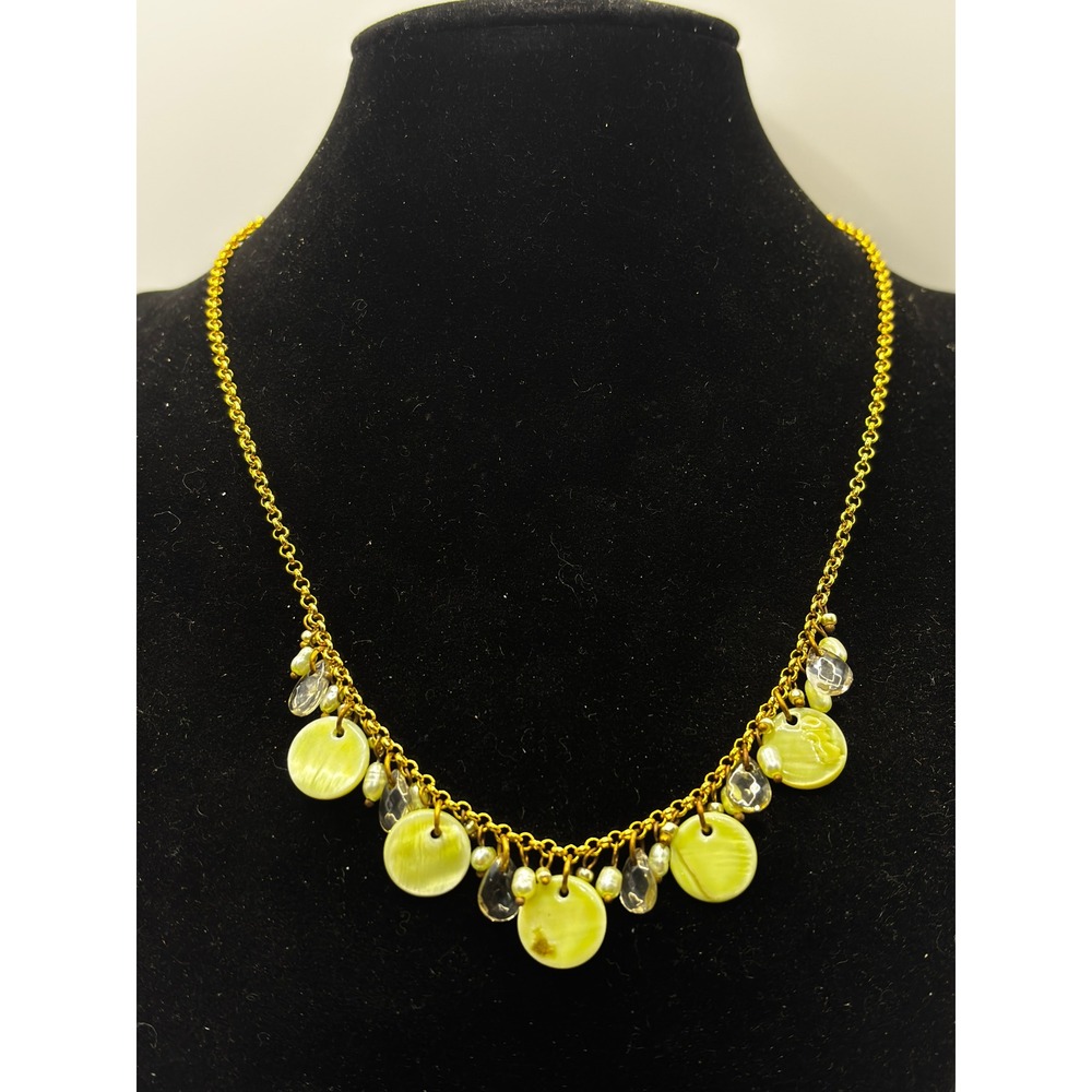SO Necklace Womens 16" Green Shell Disc Faux Pearl Gold Tone Boho Charm Necklace